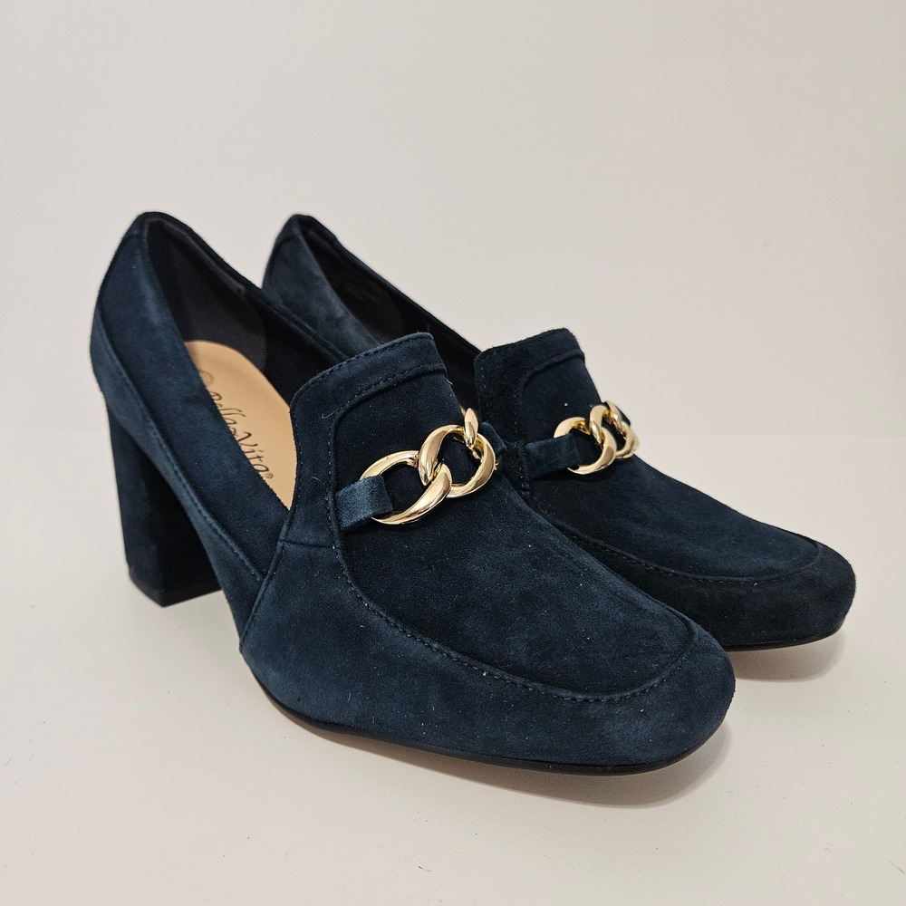Bella Vita Loafer Heels PUmps 7WW Navy Blue Suede Chain Block Whimsigoth Office